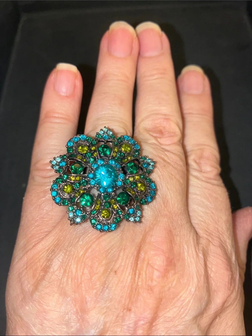 Floral Teal & Green Crystal Cocktail Stretch Ring